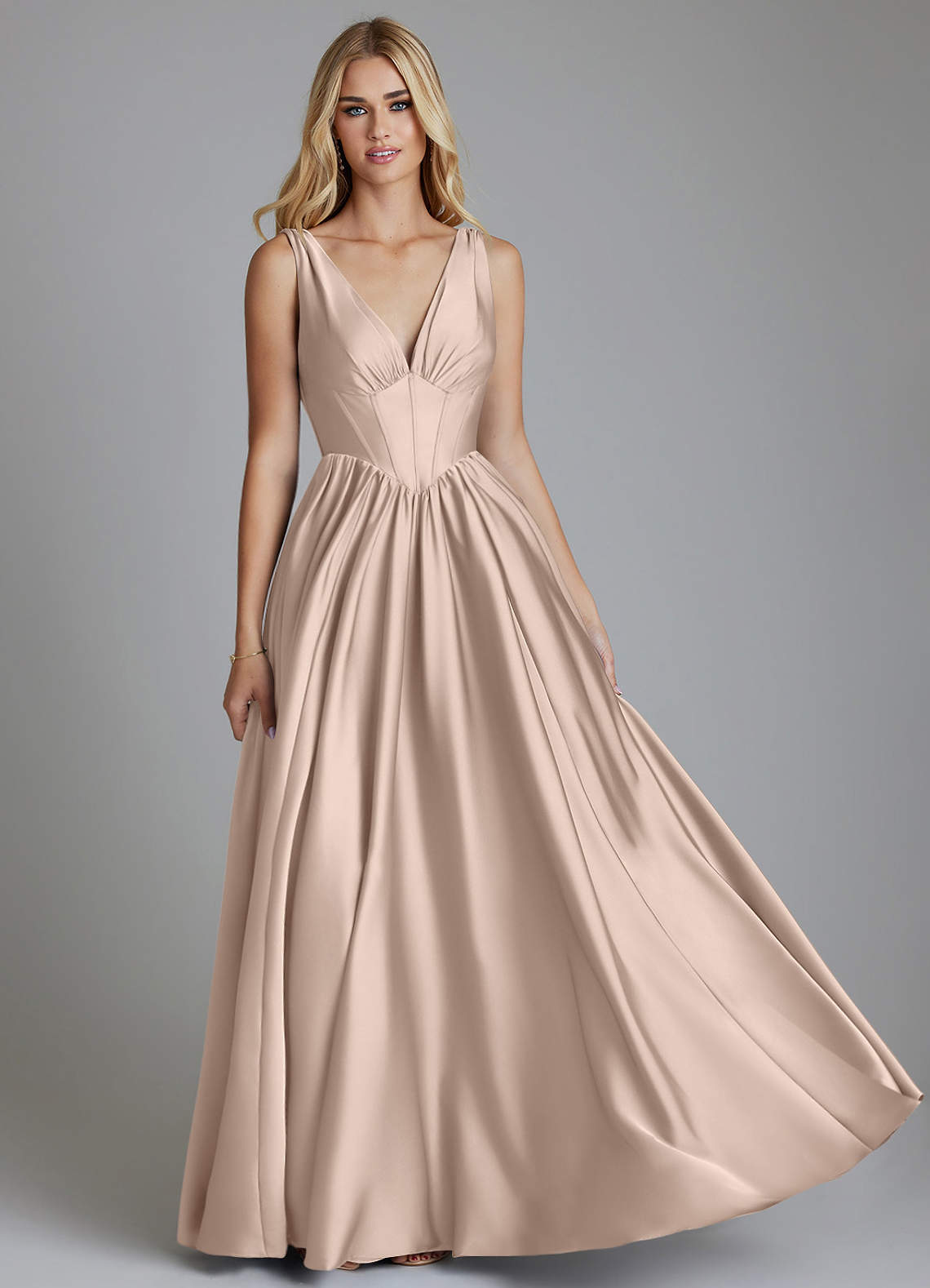 Delmie A-Line V-Neck Stretch Satin Bridesmaid Dress in English Rose