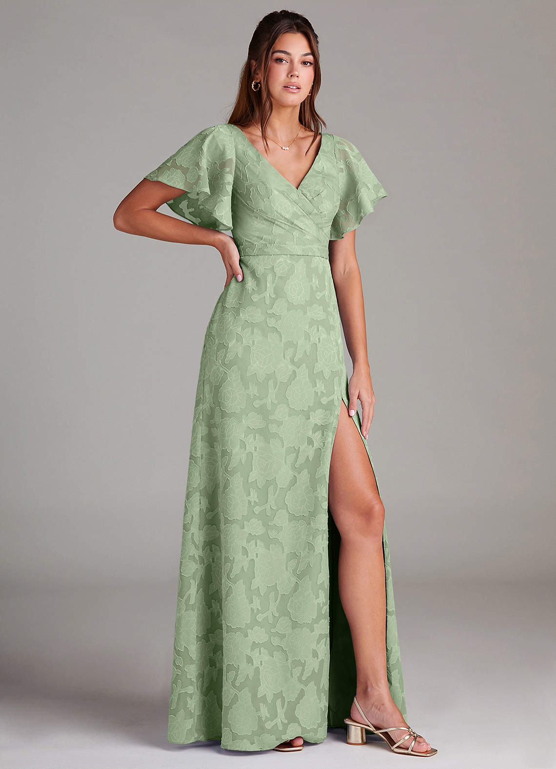 Ambrosia A-Line V-Neck Floral Burnout Bridesmaid Dress in Dusty Sage