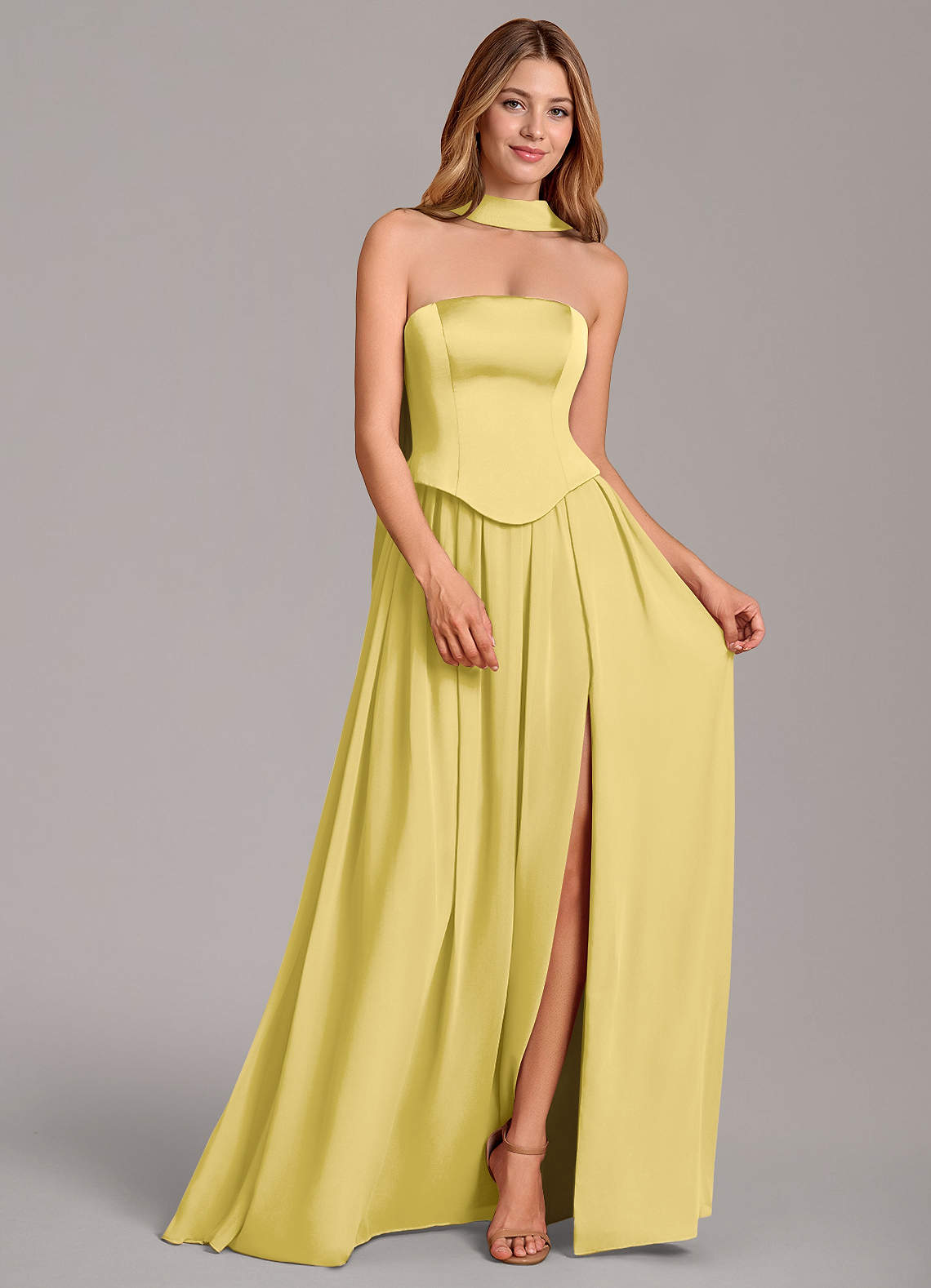 Cadence A-Line Strapless Chiffon and Stretch Satin Bridesmaid Dress in Canary