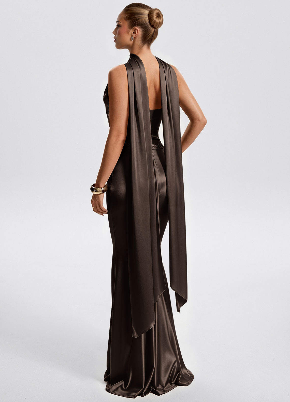 Fernley Mermaid Corset Stretch Satin Evening Dress in Ganache