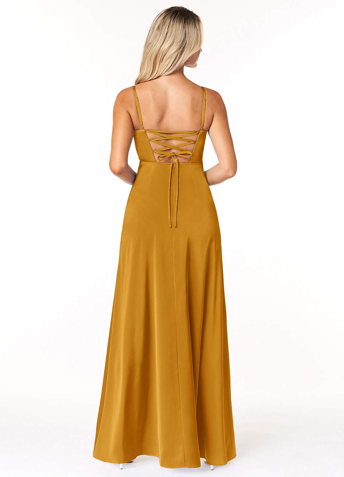 Marchella A-Line V-Neck Stretch Satin Bridesmaid Dress in butterscotch