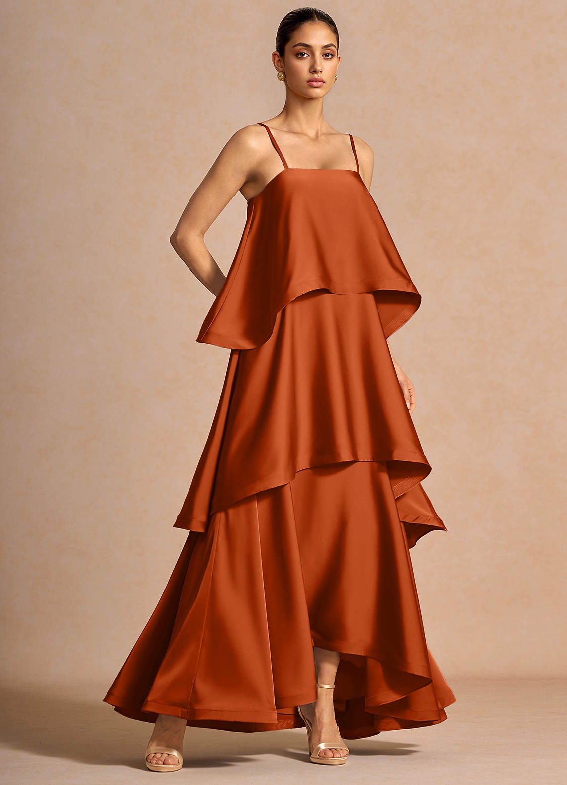 Itasca A-Line Tiered Stretch Satin Wedding Guest Dress in Rust