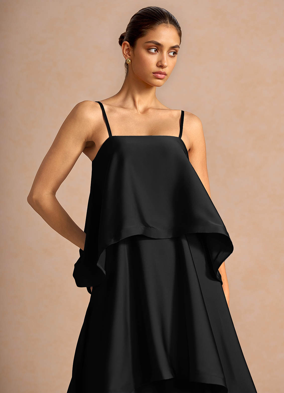 Itasca A-Line Tiered Stretch Satin Wedding Guest Dress in black