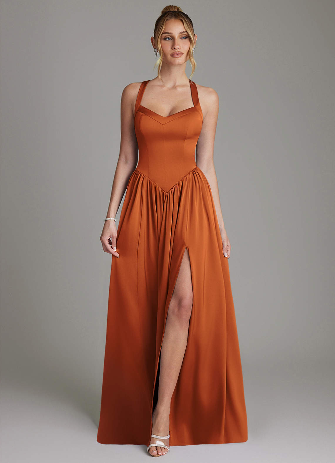 Francis A-Line V-Neck Stretch Satin Bridesmaid Dress in Cinnamon