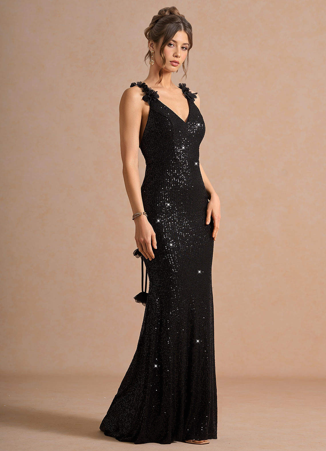 Selara Open-Back Floral Sequin Chiffon Evening Dress in Black