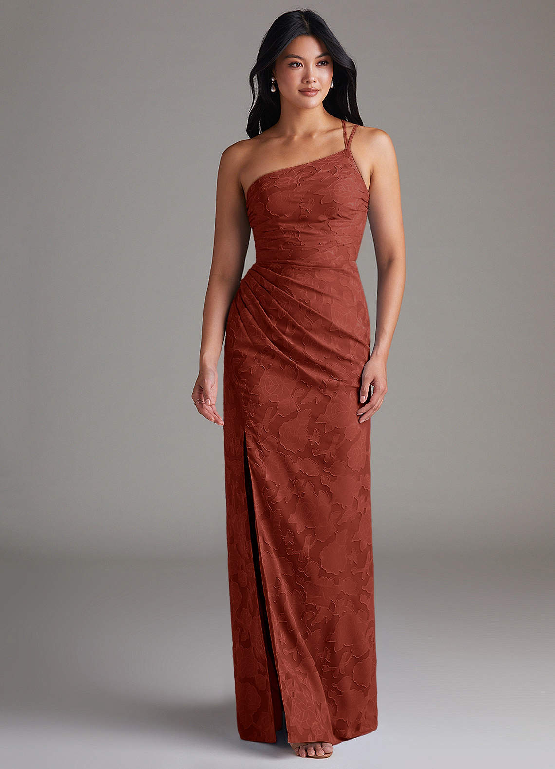 Eren Sheath One-Shoulder Floral Burnout Bridesmaid Dress in Terracotta