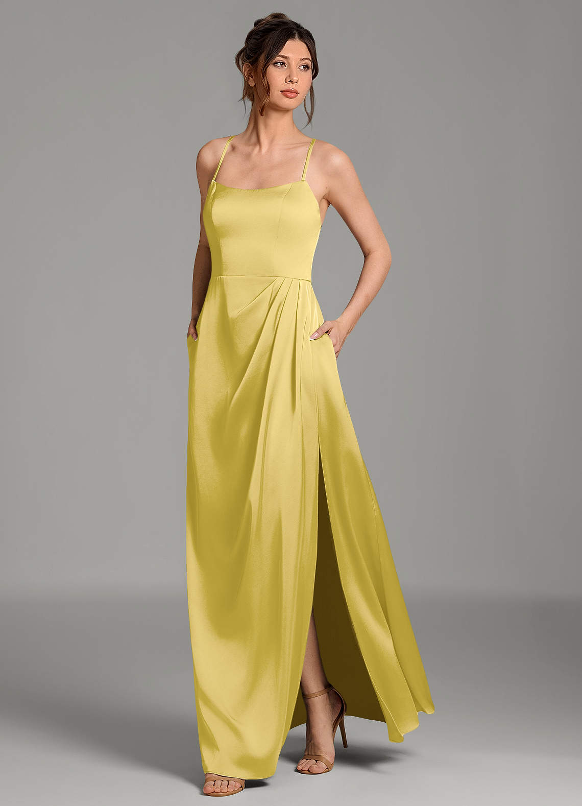 Frankie A-Line Scoop-Neck Stretch Satin Bridesmaid Dress in Canary
