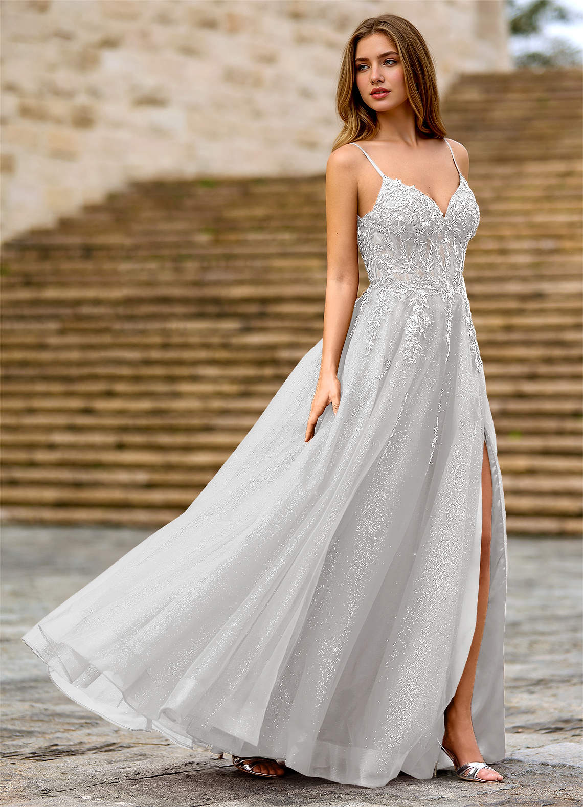 Milliener A-Line V-Neck Tulle Evening Dress in white