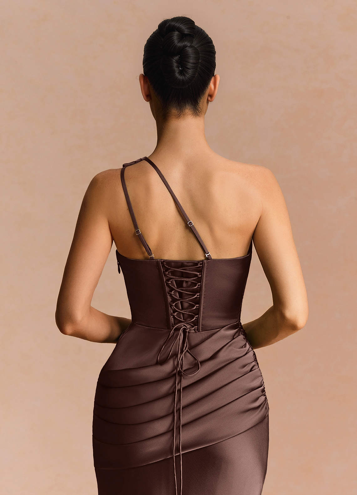 Guinevere One-Shoulder Cutout Stretch Satin Evening Dress in Truffle