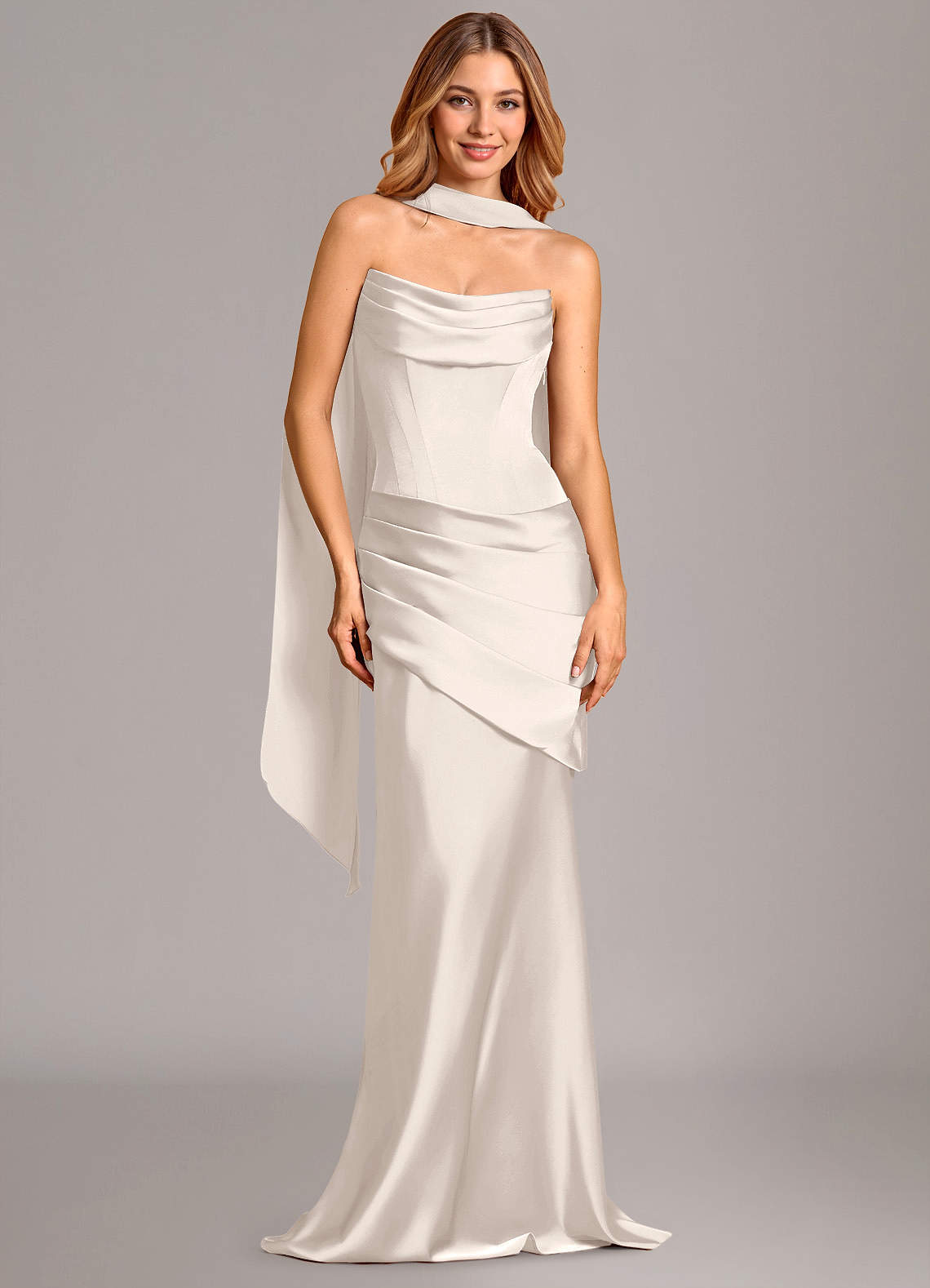 Pelagia Mermaid Cowl-Neck Stretch Satin Bridesmaid Dress in White Alabaster