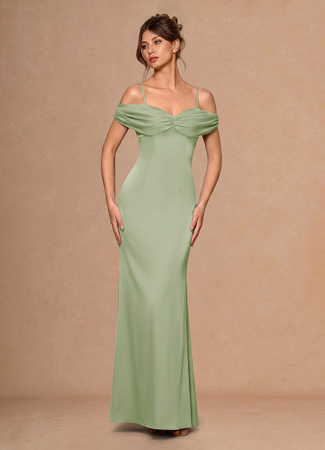 Estelle A-Line Cold-Shoulder Satin Chiffon Evening Dress in Light Green