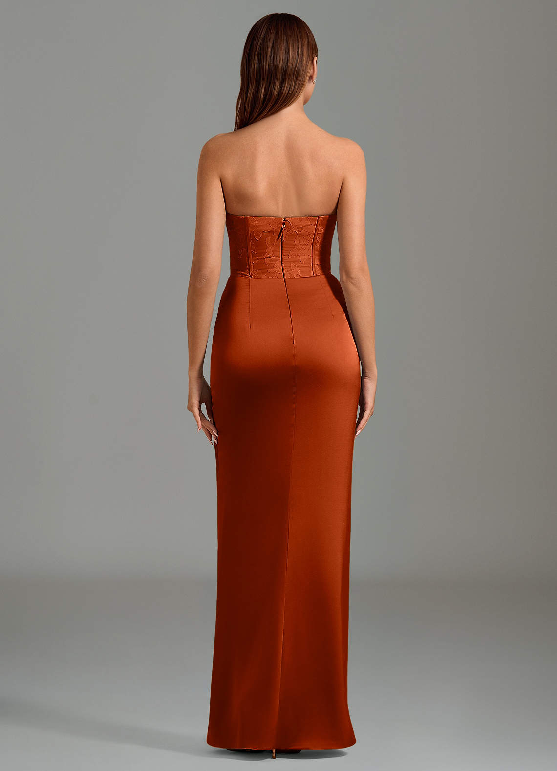 Emilia Mermaid Strapless Stretch Satin and Floral Burnout Bridesmaid Dress in Paprika