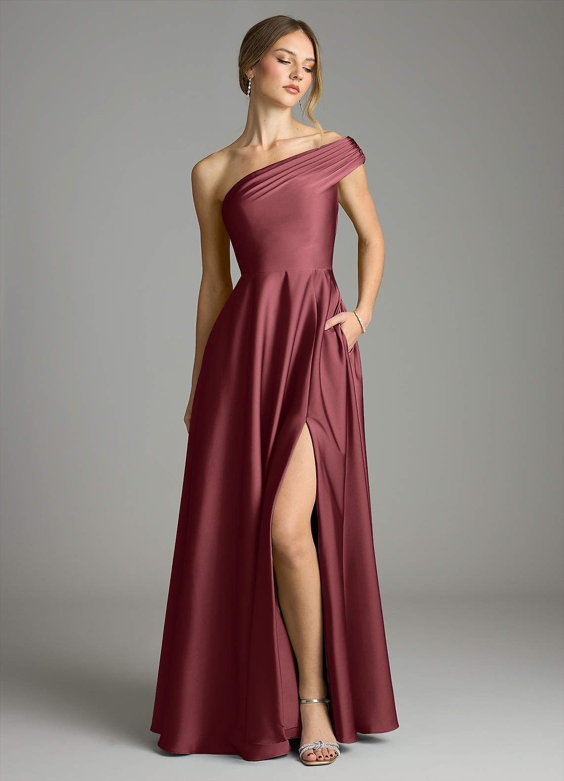 Melanie A-Line One-Shoulder Stretch Satin Bridesmaid Dress in Merlot