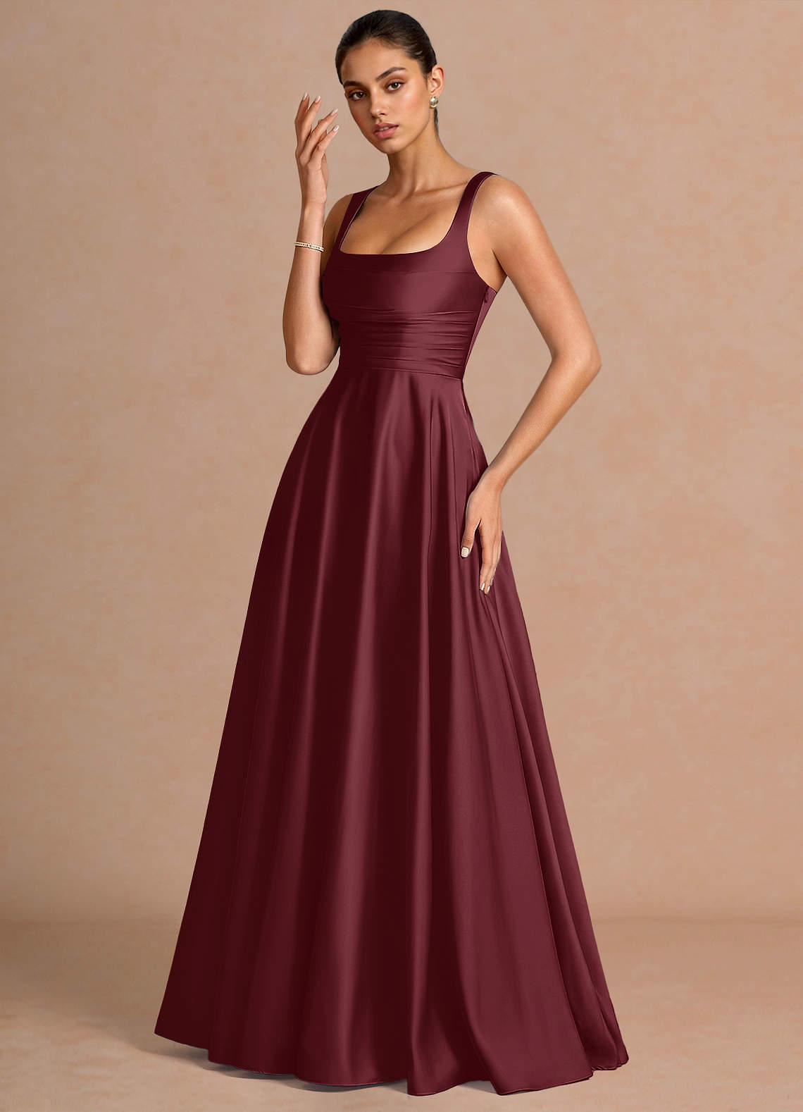 Azaria A-Line Square-Neck Stretch Satin Wedding Guest Dress in Wine