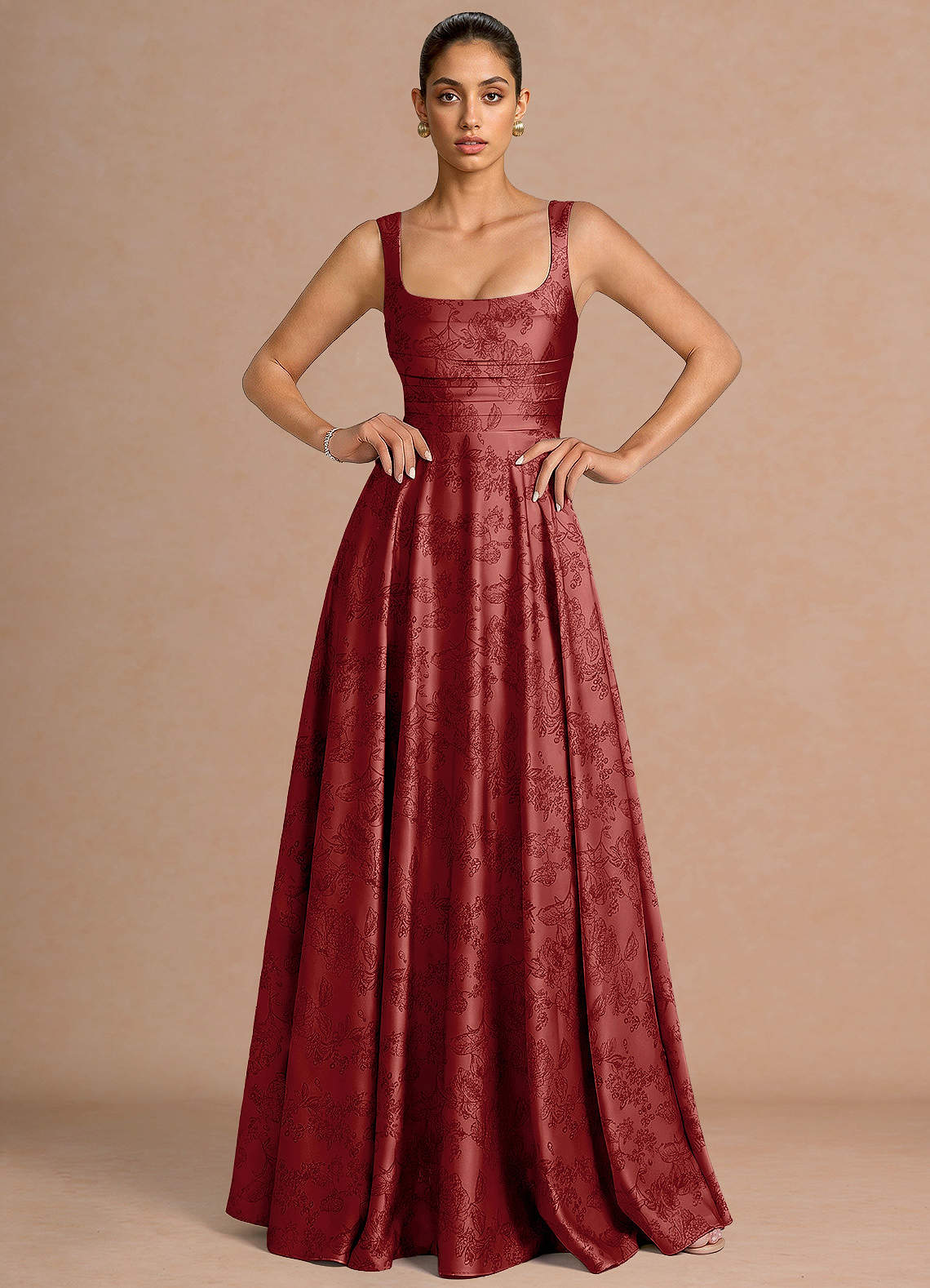 Azaria A-Line Square-Neck Jacquard Evening Dress in Moss Navy
