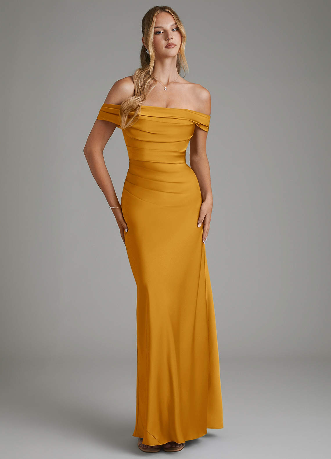 Hayden Mermaid Off-the-Shoulder Stretch Satin Bridesmaid Dress in butterscotch