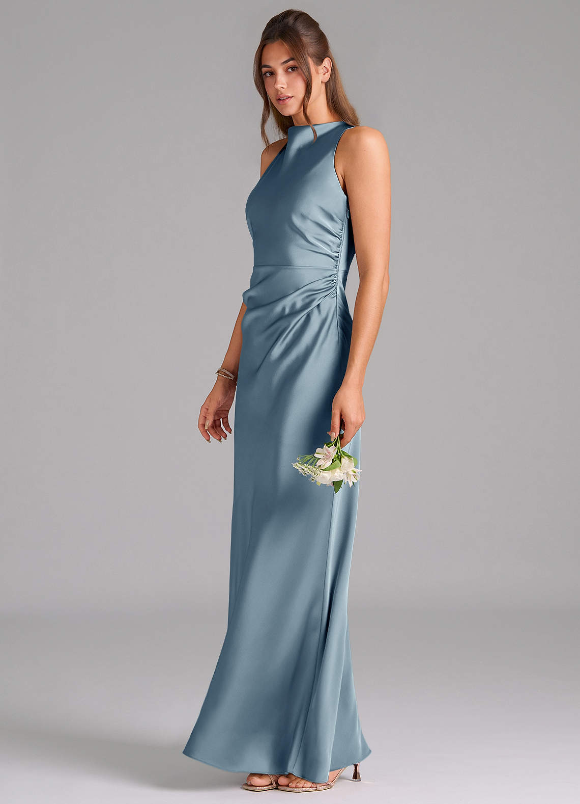Evadne Sheath Scoop-Neck Stretch Satin Bridesmaid Dress in dusty blue