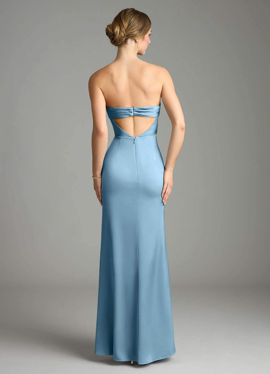 Leonis Mermaid Cowl-Neck Stretch Satin Bridesmaid Dress in Steel Blue