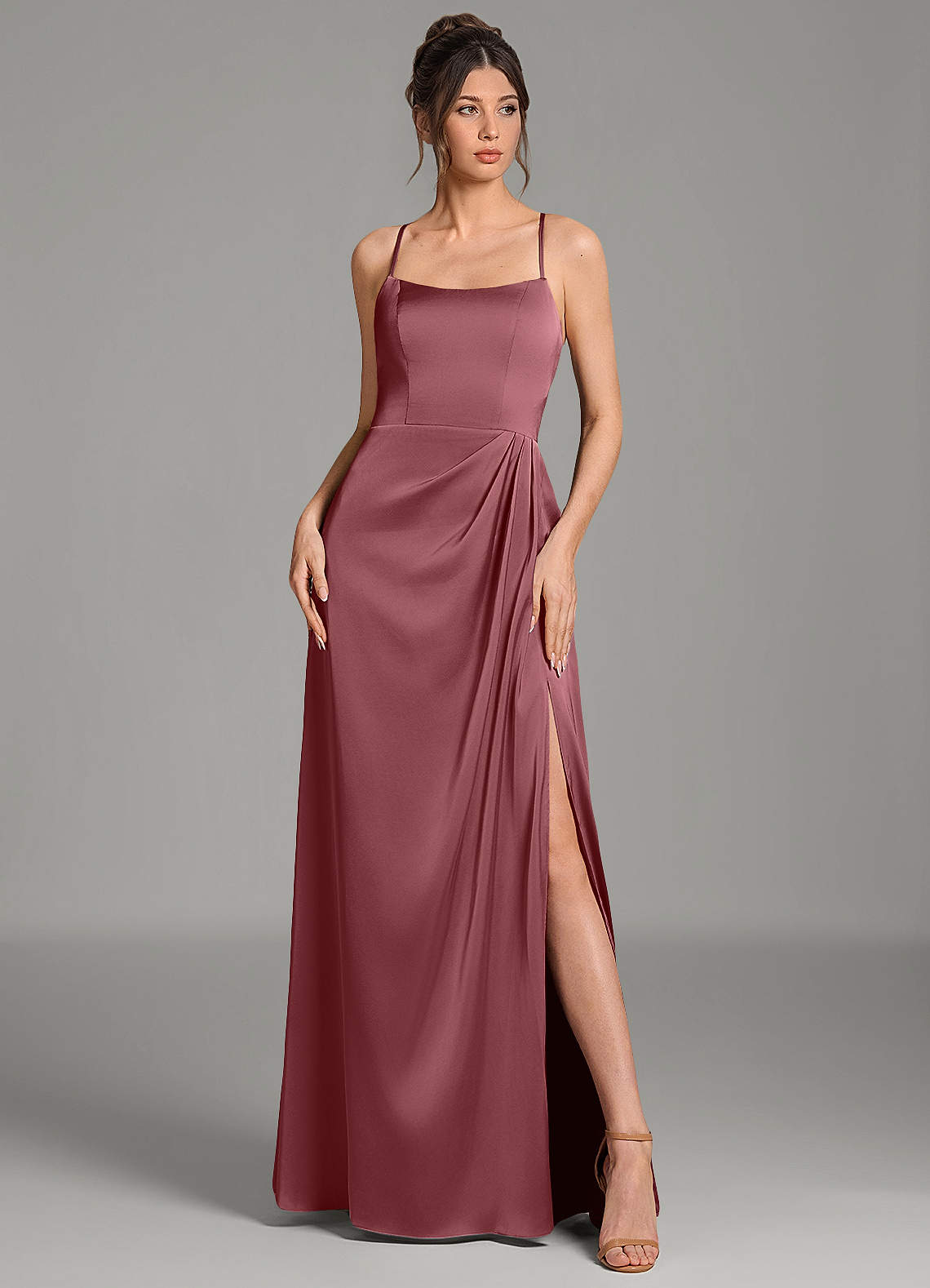 Frankie A-Line Scoop-Neck Stretch Satin Bridesmaid Dress in Desert Rose
