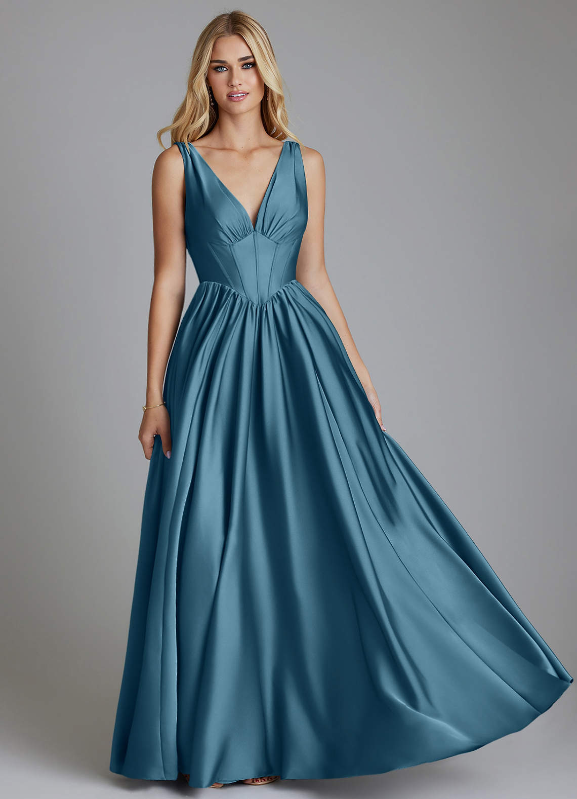 Delmie A-Line V-Neck Stretch Satin Bridesmaid Dress in Bermuda