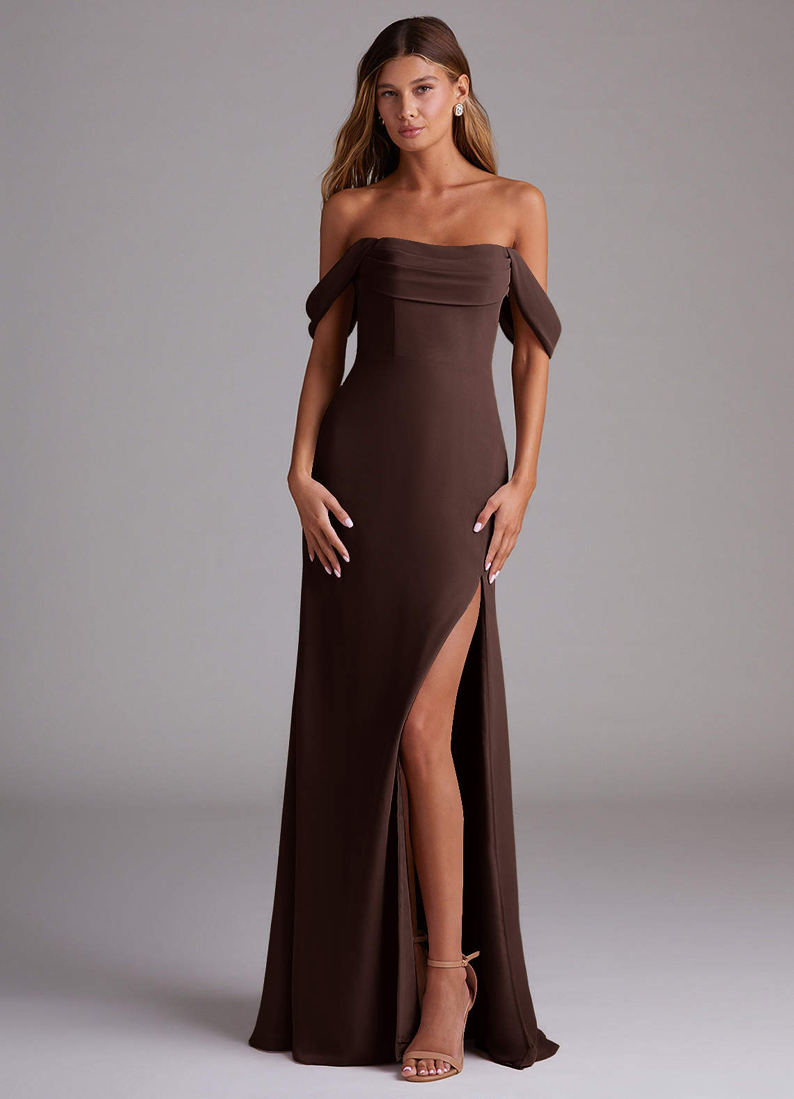 Saige A-Line Off-the-Shoulder Chiffon Bridesmaid Dress in Ganache