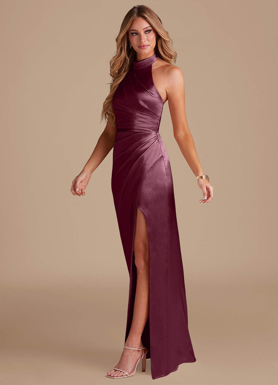Jemma Sheath High-Neck Metallic Satin Bridesmaid Dress in Cabernet