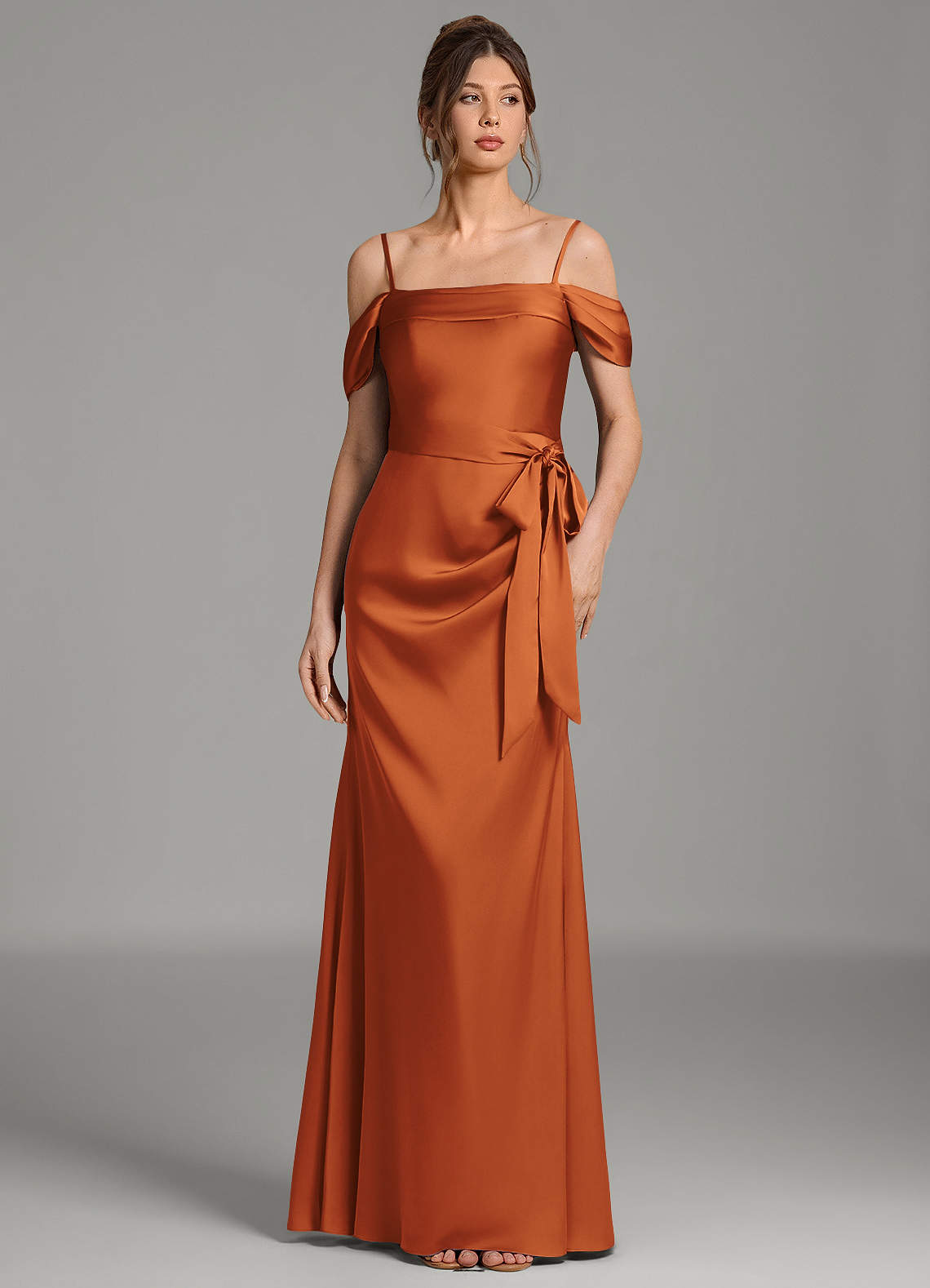 Wyatt Mermaid Off-the-Shoulder Stretch Satin Bridesmaid Dress in Cinnamon