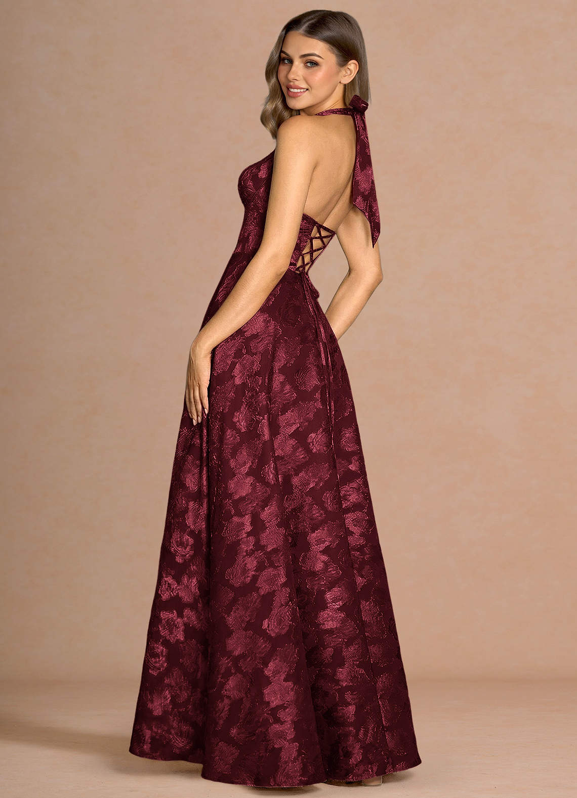 Isabeau A-Line V-Neck Fil Coupé Evening Dress in Wine