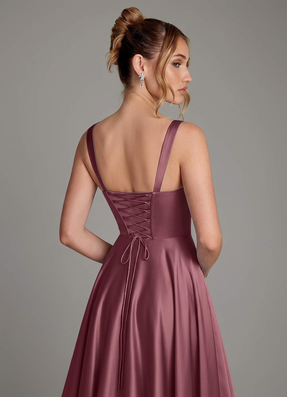 Azaria A-Line Square-Neck Stretch Satin Bridesmaid Dress in Desert Rose