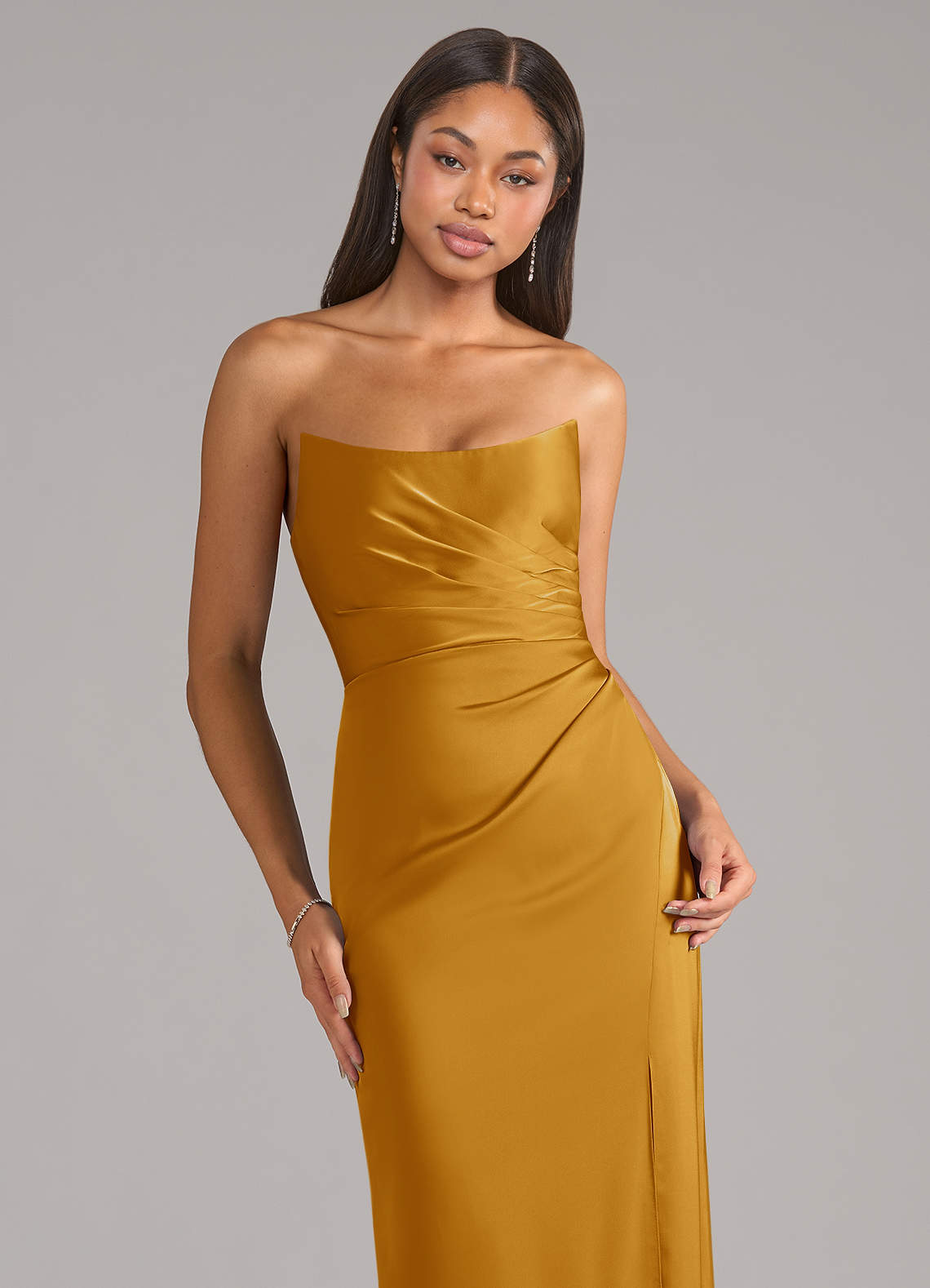 Marla Sheath Strapless Stretch Satin Bridesmaid Dress in butterscotch