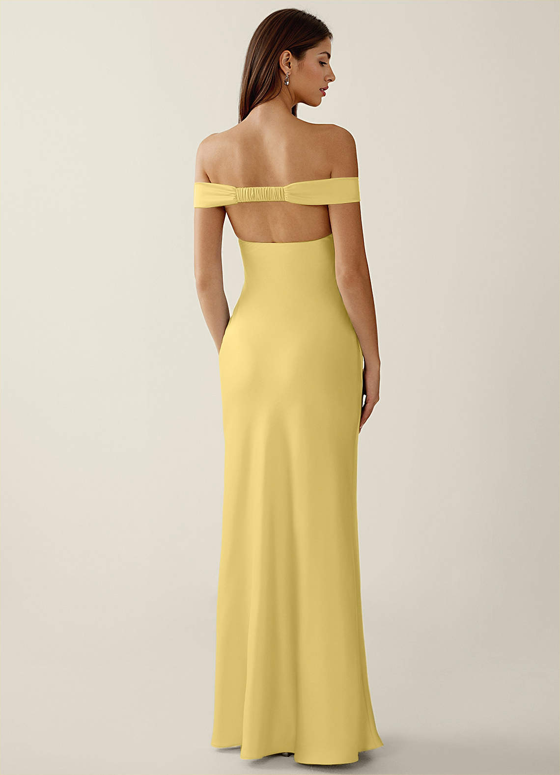Gwendonme Sheath Off-the-Shoulder Satin Crystal Linen Evening Dress in Pastel Yellow