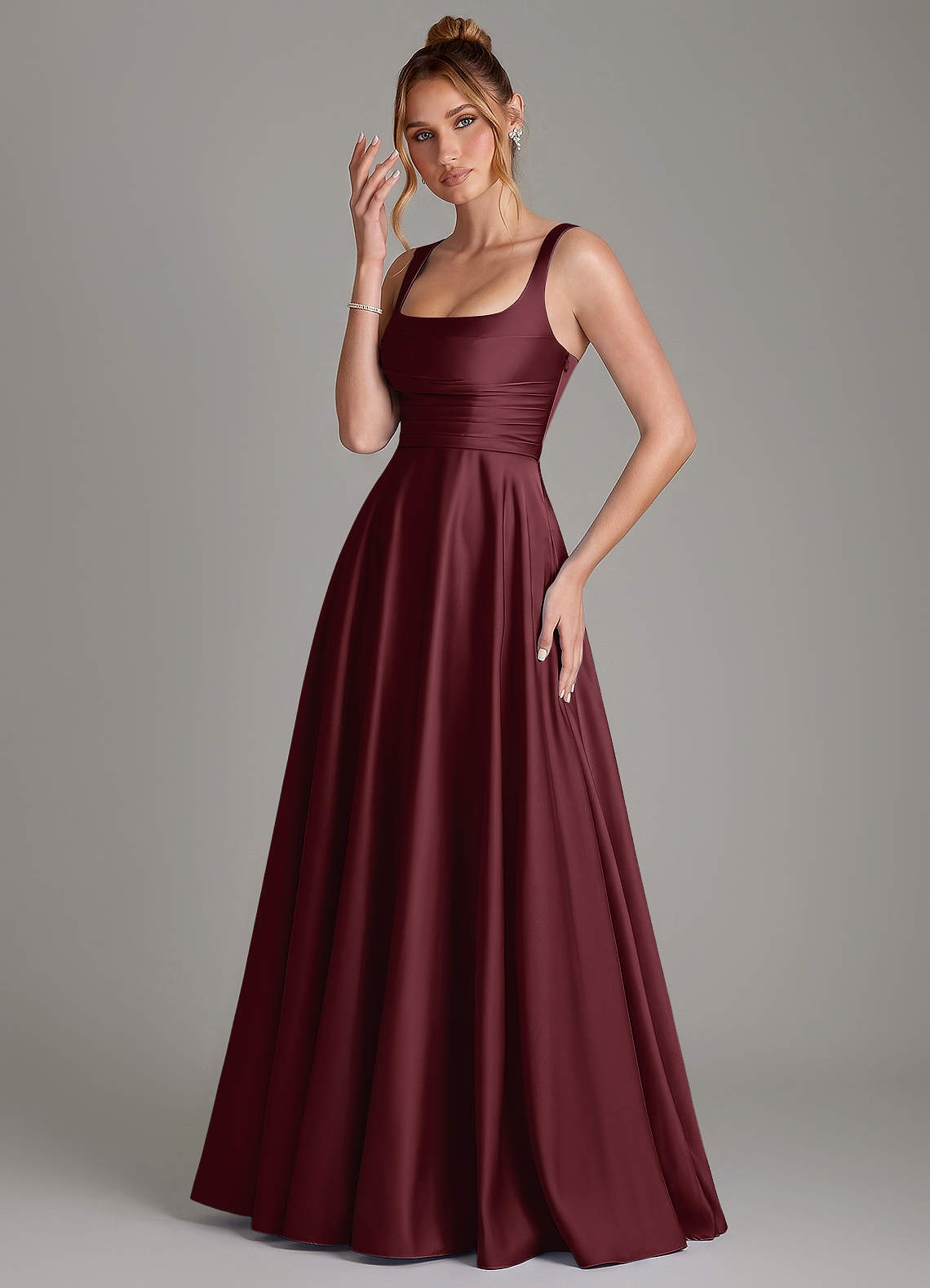Azaria A-Line Square-Neck Stretch Satin Bridesmaid Dress in Cabernet