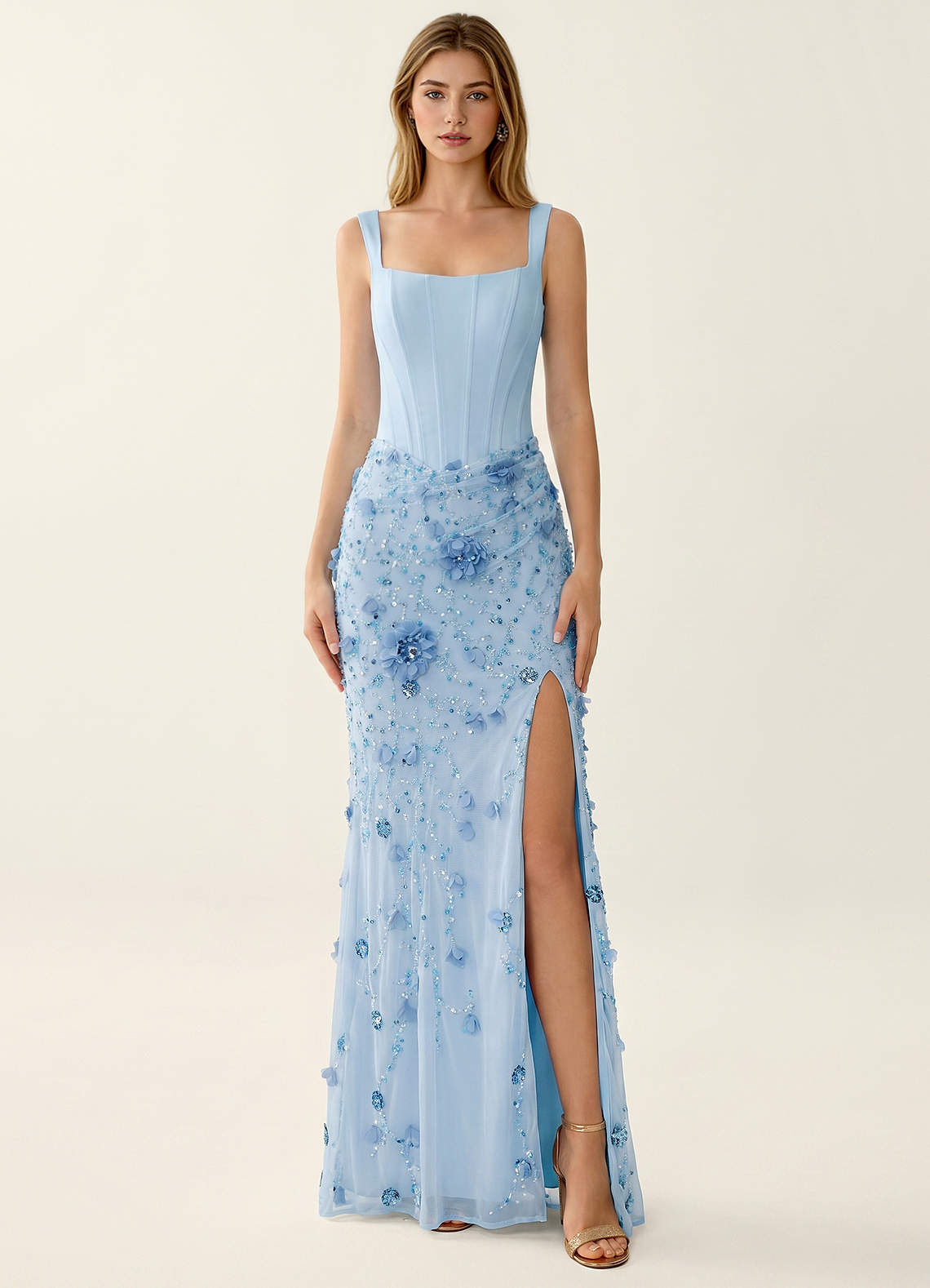 Belinda Mermaid Square-Neck Sequined Tulle Evening Dress in Ivory