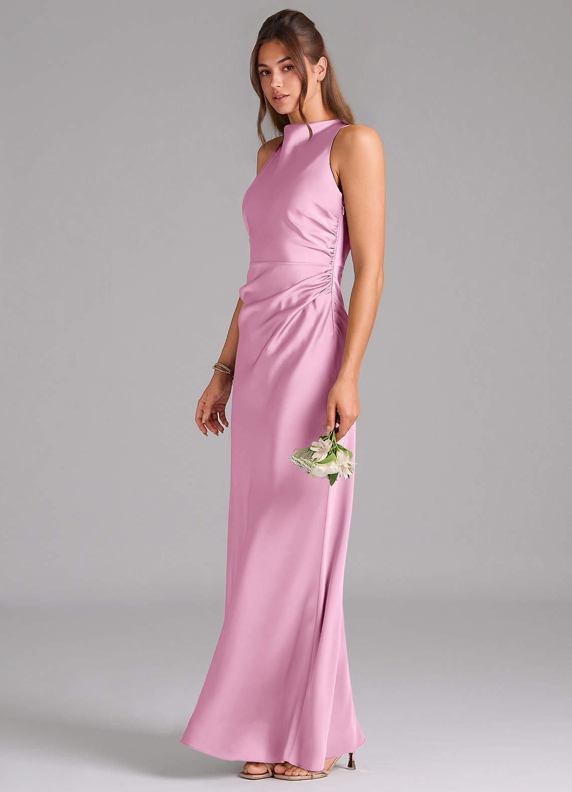 Evadne Sheath Scoop-Neck Stretch Satin Bridesmaid Dress in candy pink