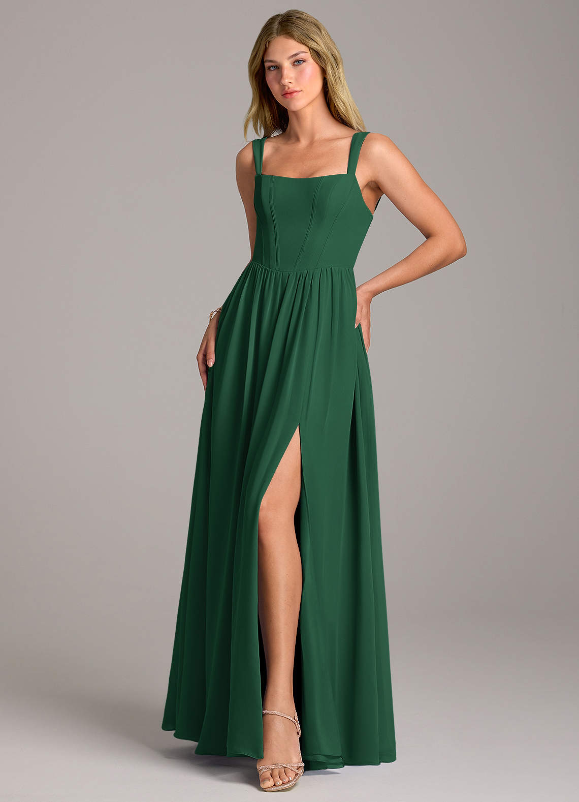 Rosaline A-Line Square-Neck Chiffon Bridesmaid Dress in Dark Green