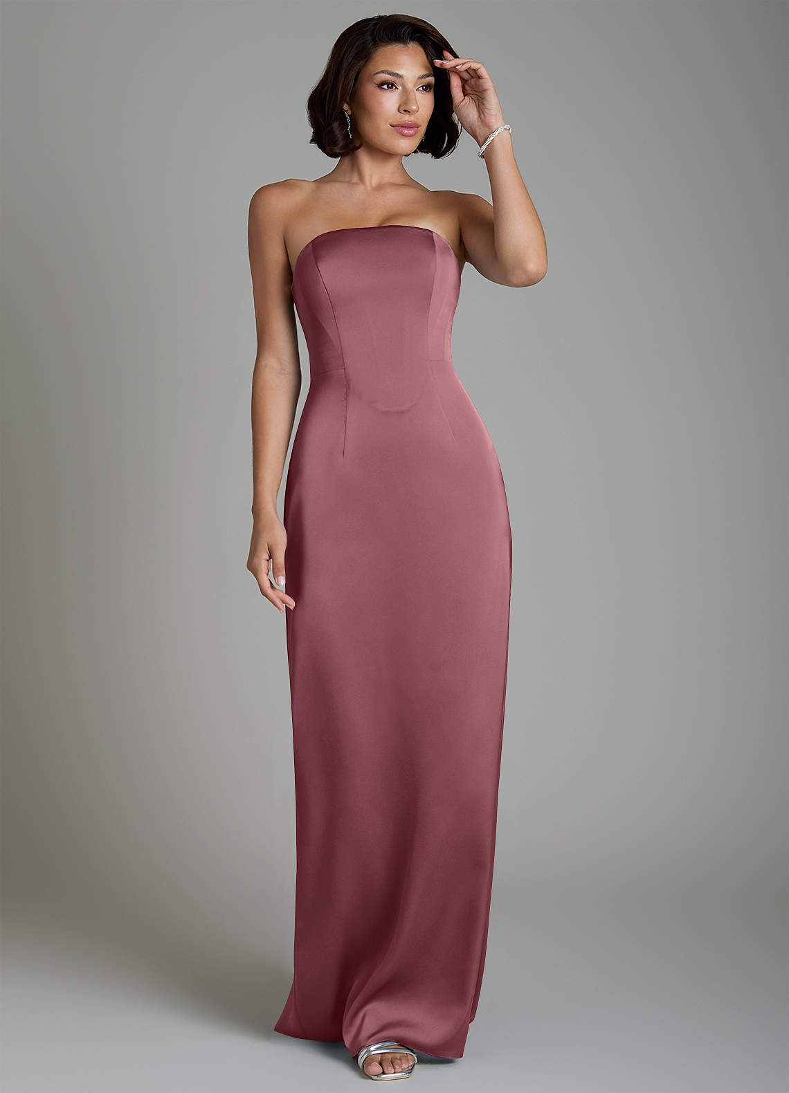 Fallyn Sheath Strapless Stretch Satin Bridesmaid Dress in Desert Rose