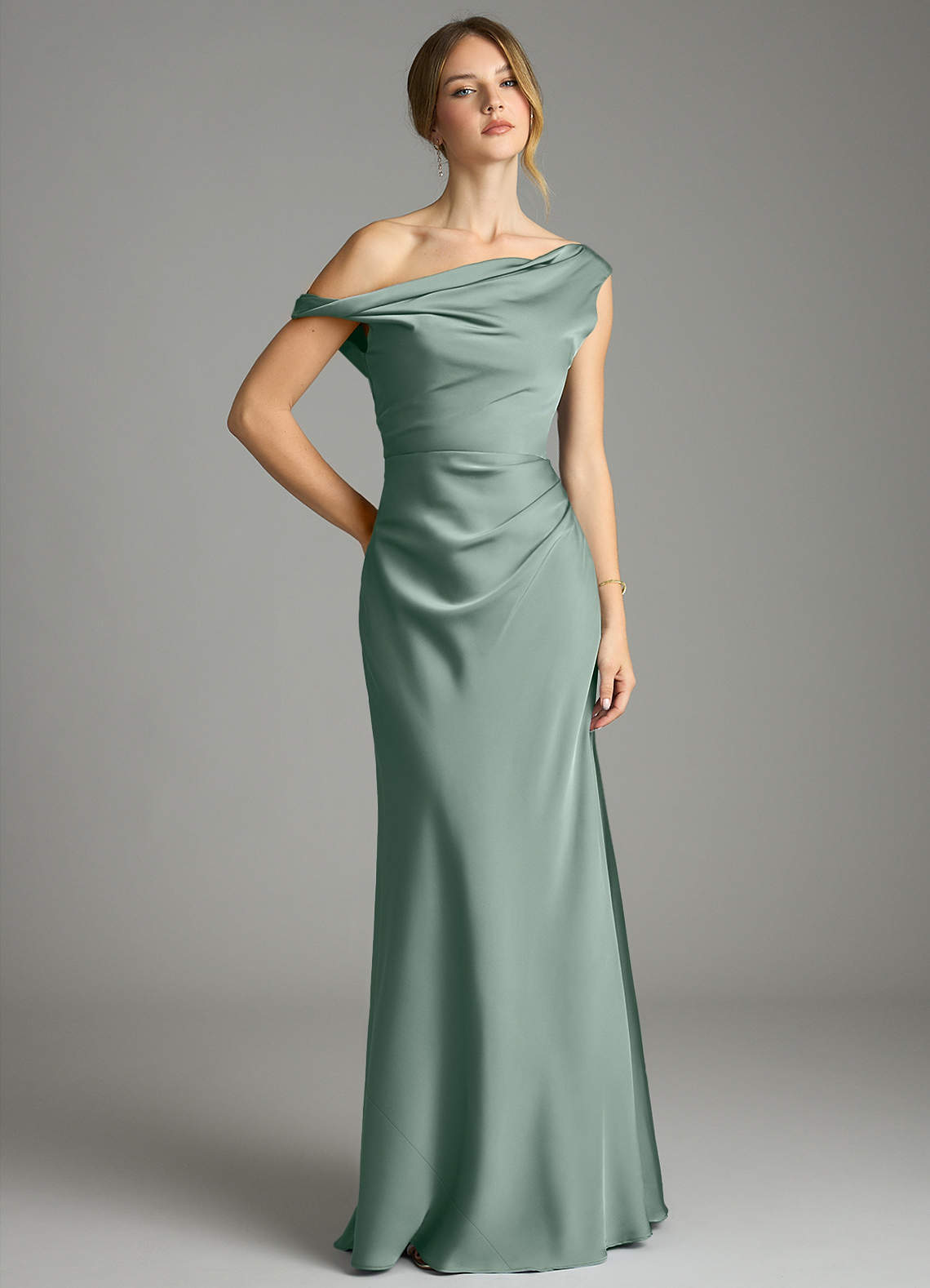 Emerson Mermaid One-Shoulder Stretch Satin Bridesmaid Dress in Silver Sage