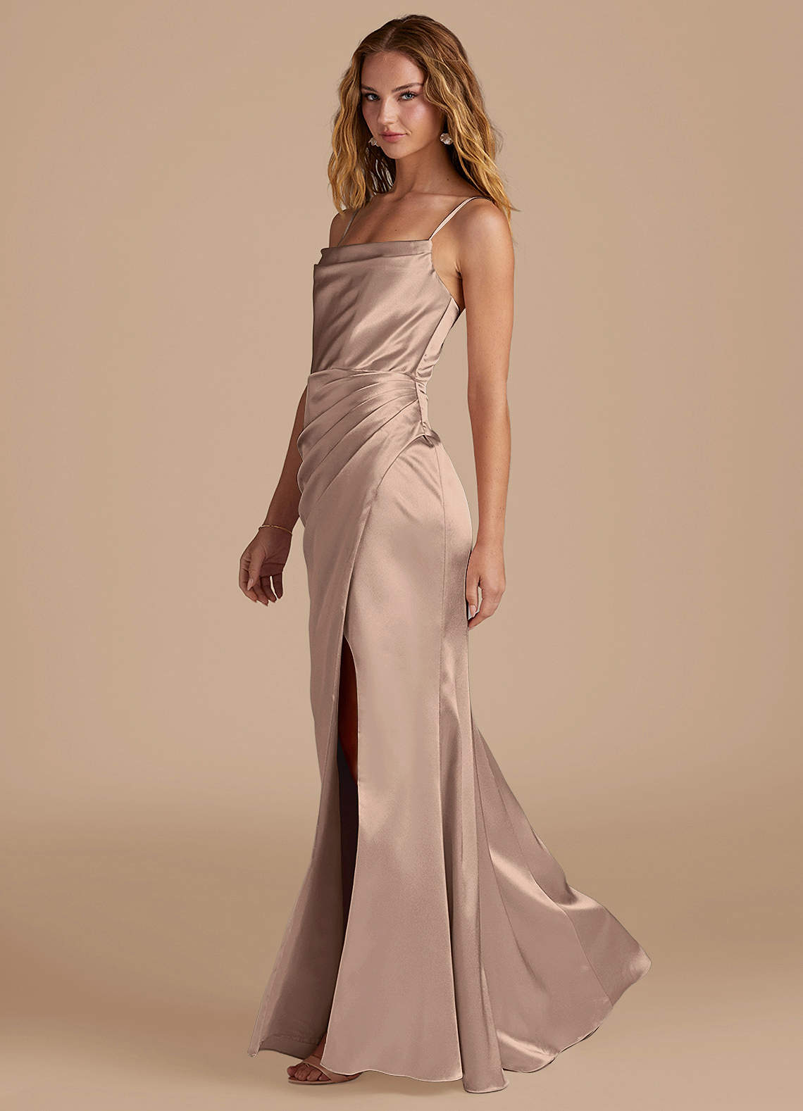 Marzia Mermaid Square-Neck Metallic Satin Bridesmaid Dress in Taupe