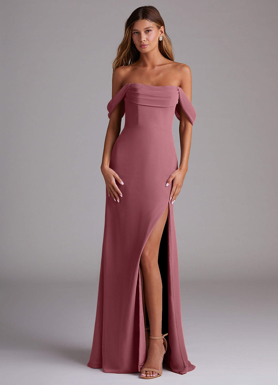 Saige A-Line Off-the-Shoulder Chiffon Bridesmaid Dress in Desert Rose