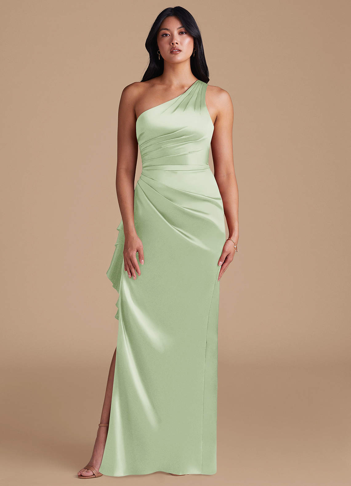 Latrice Sheath One-Shoulder Metallic Satin Bridesmaid Dress in Dusty Sage