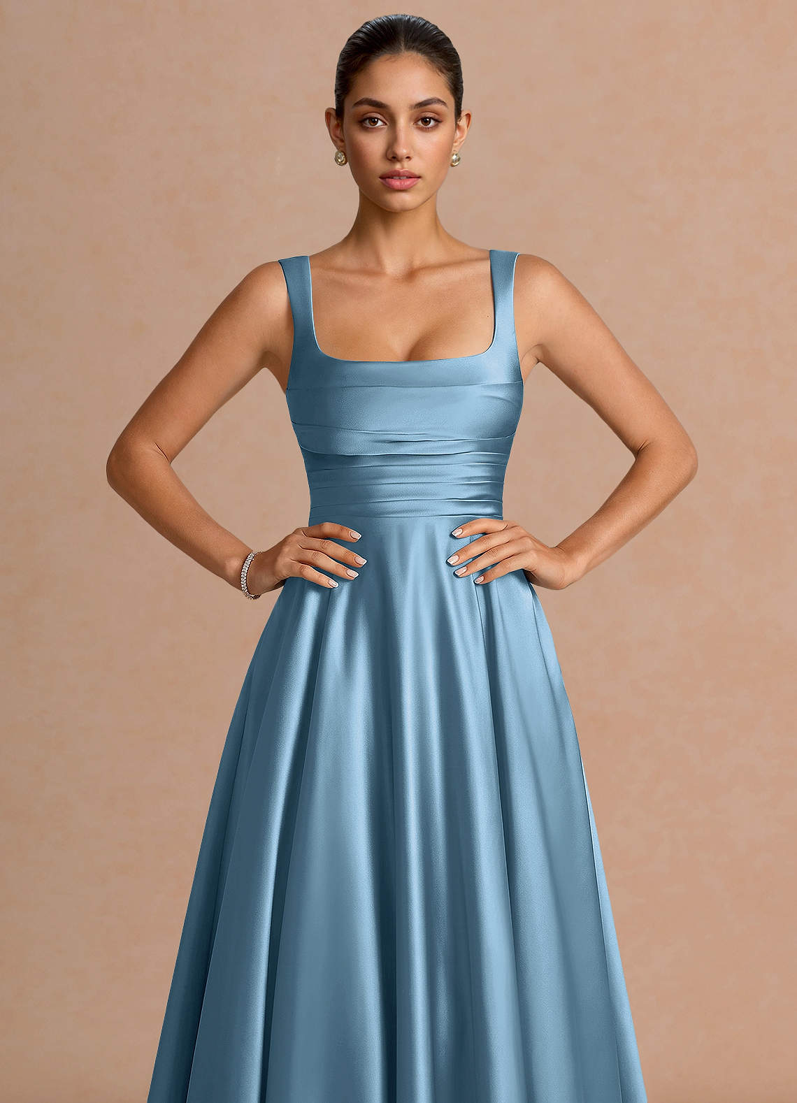 Azaria A-Line Square-Neck Stretch Satin Wedding Guest Dress in Steel Blue