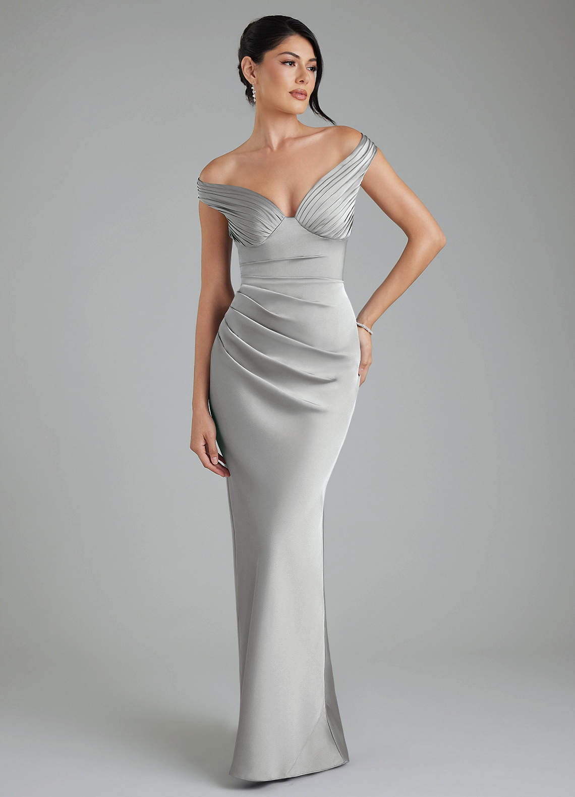 Stella Sheath V-Neck Stretch Satin Bridesmaid Dress in Silver