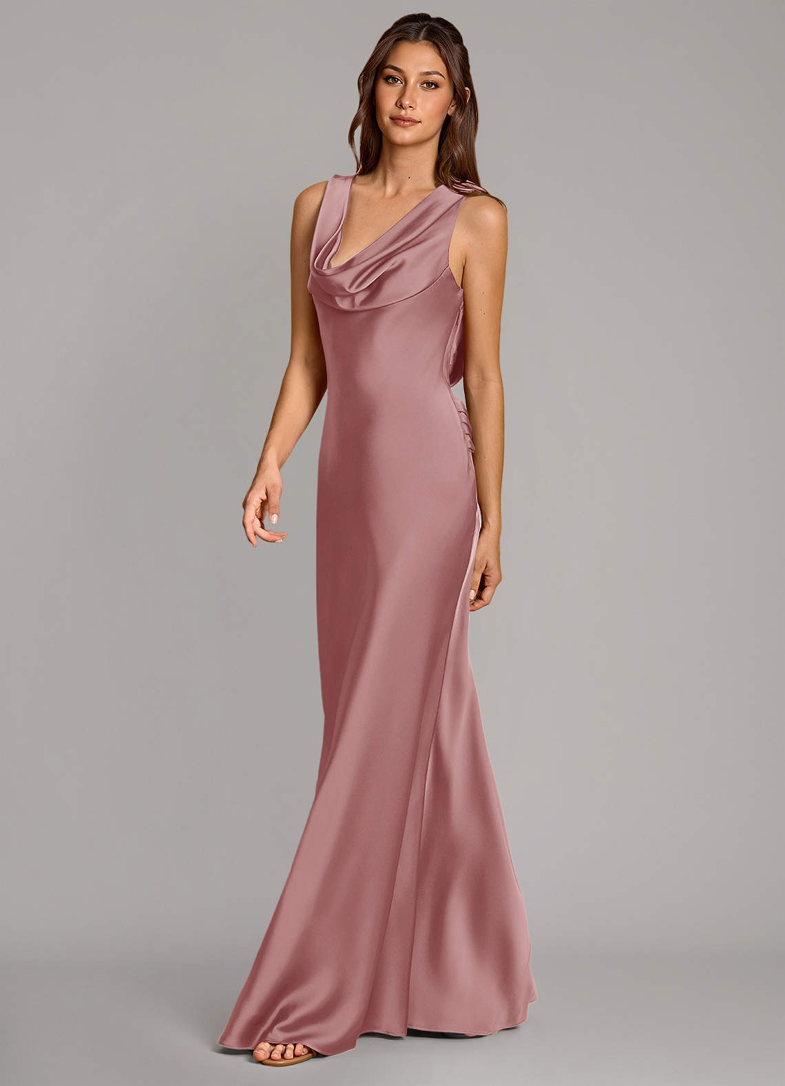 Cheryl Mermaid Cowl-Neck Stretch Satin Bridesmaid Dress in dusty rose