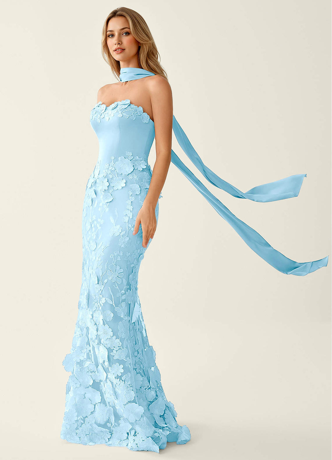 Wrensincia Mermaid Strapless Crystal Linen Satin Evening Dress in Sky Blue