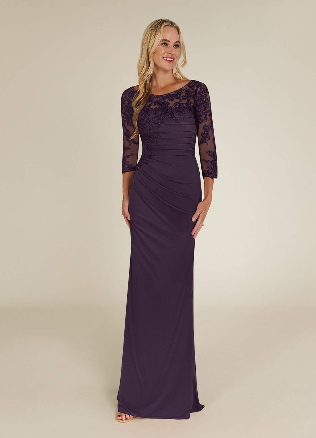 Alisondra Sheath Scoop-Neck Lace and Mesh Mother of the Bride Dress in Plum