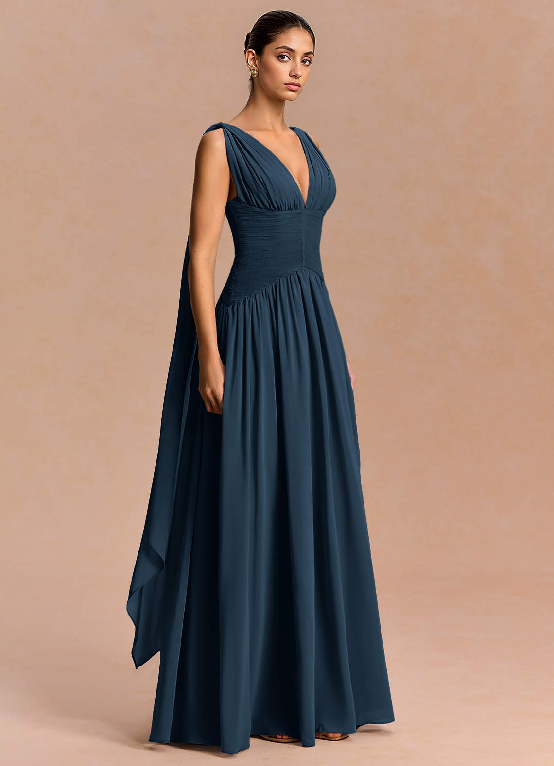 Eluney A-Line V-Neck Chiffon Evening Dress in Navy