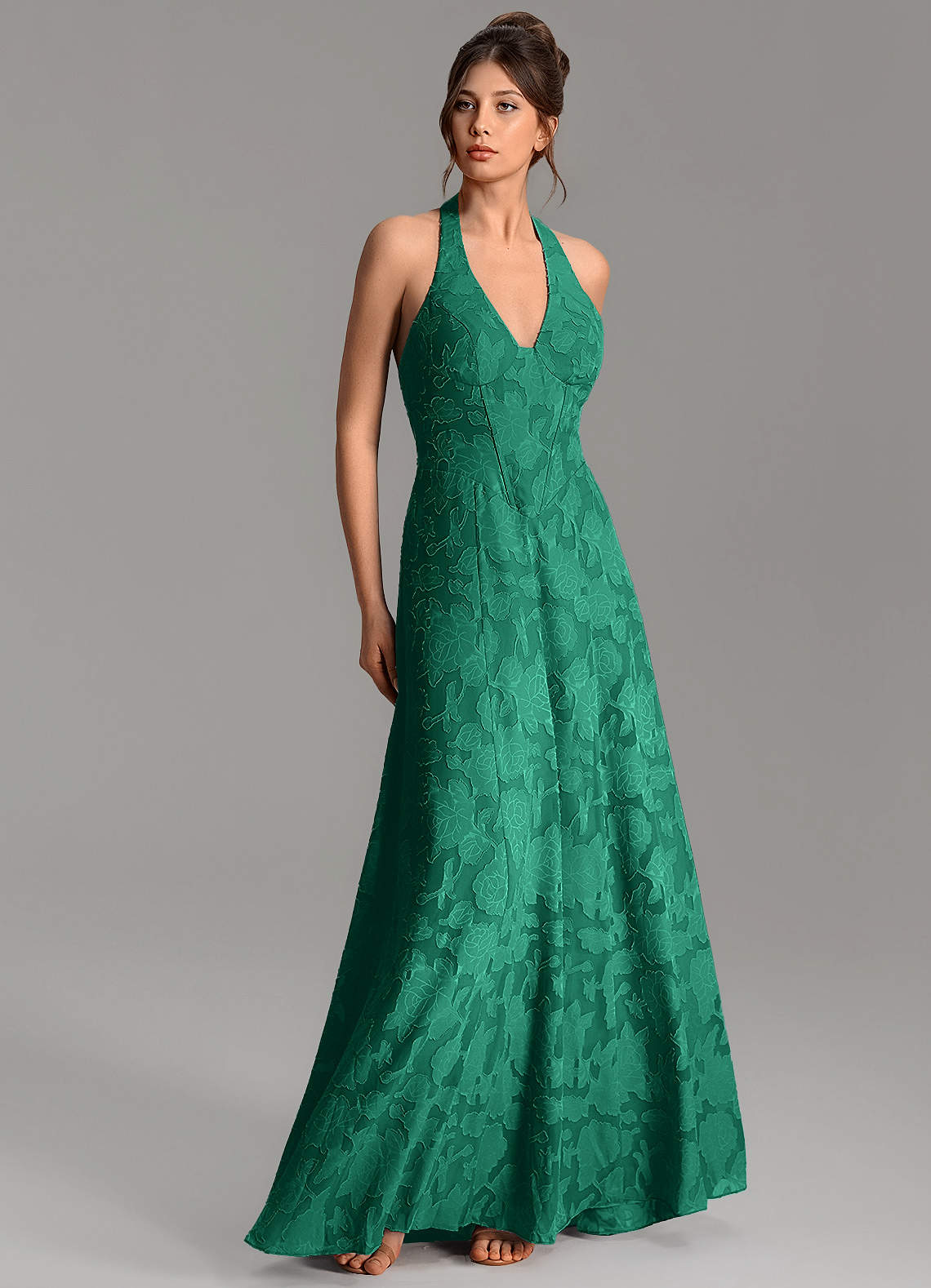 Nia A-Line V-Neck Floral Burnout Bridesmaid Dress in Emerald