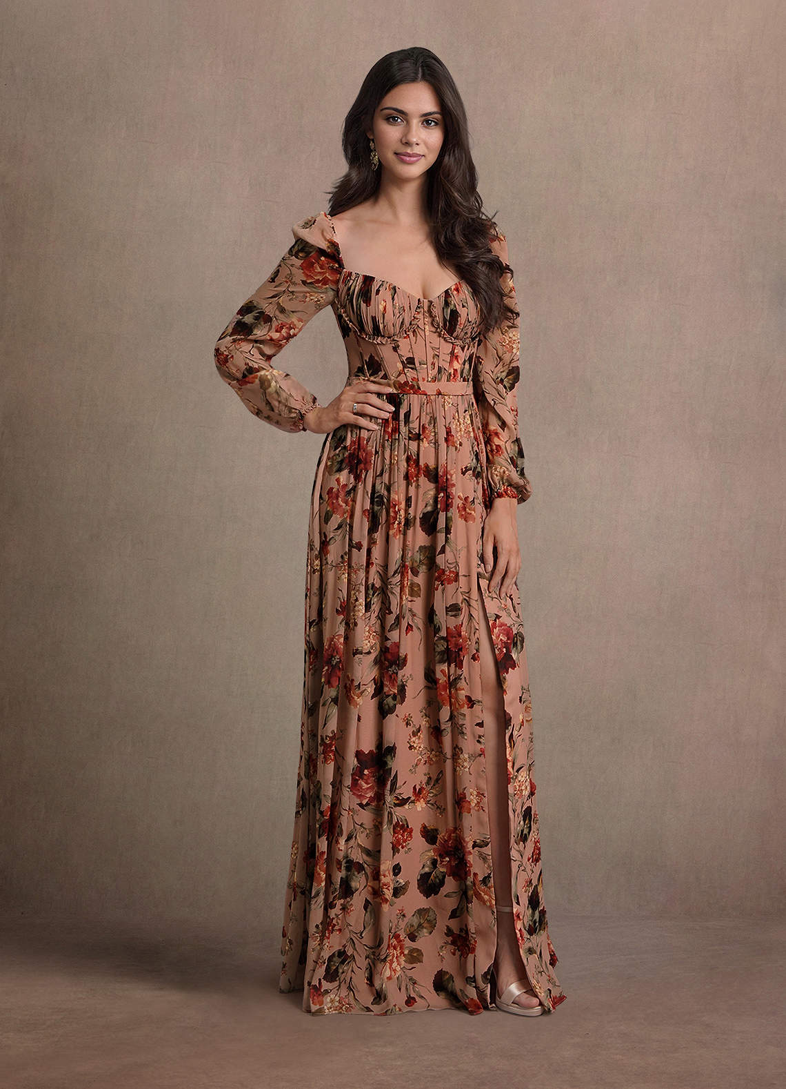 Karla A-Line Corset Floral Chiffon Wedding Guest Dress in Mauve Multi