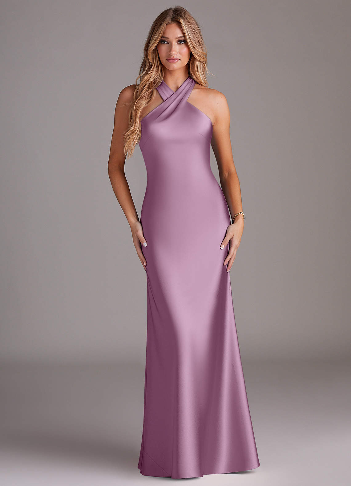 Doretta Mermaid Halter Stretch Satin Bridesmaid Dress in Wisteria