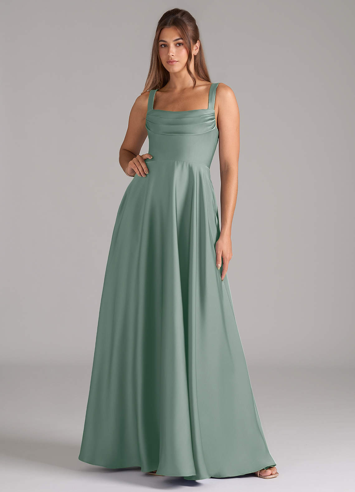Shaude A-Line Square-Neck Stretch Satin Bridesmaid Dress in Silver Sage